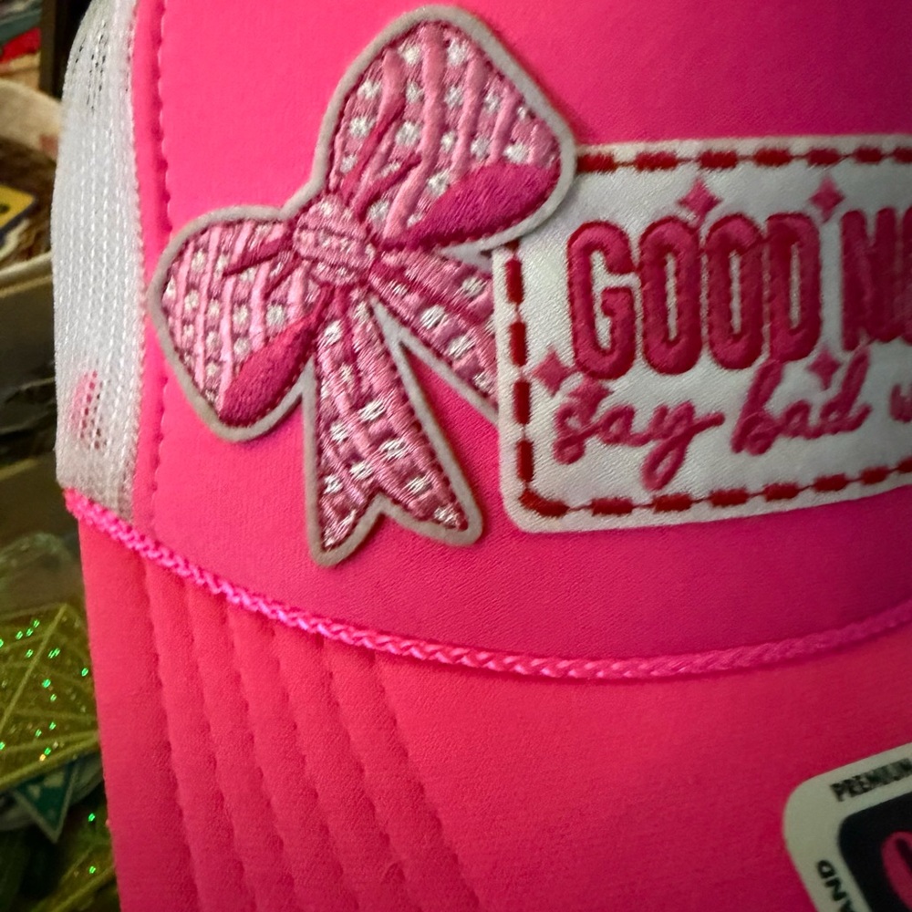 OTTO Bright Pink Trucker Hat with Good Moms Say Bad Words & Bow Patch - Picture 4 of 5